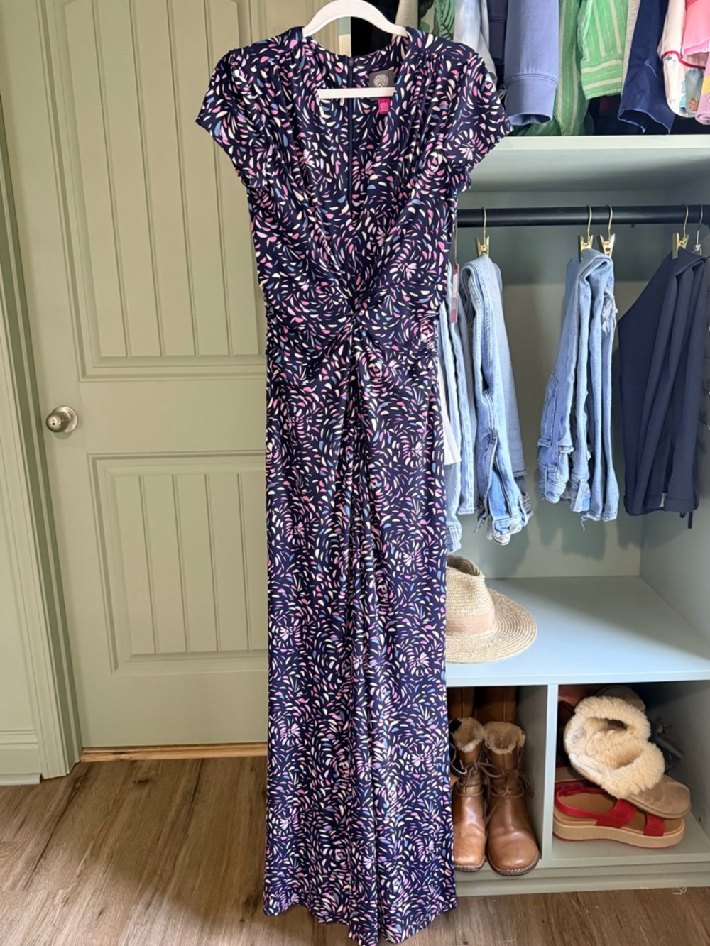 Vince Camuto Navy Leaf-Print Jumpsuit with Pink & Cream Accents